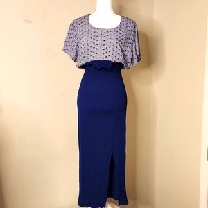 Vintage blue and white mixed pattern bow tie waist gauze cottagecore maxi dress